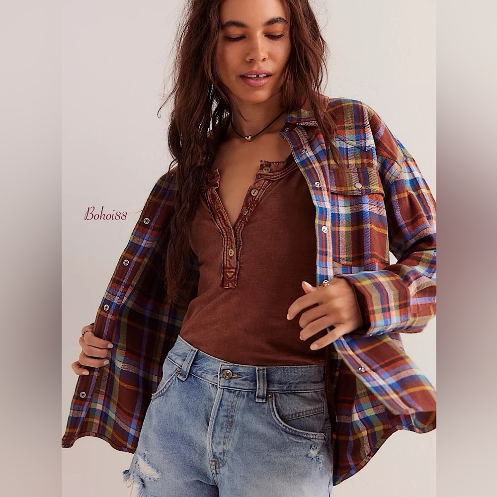 Free People Brown Henley with Multicolor Plaid Button-Down Shirt